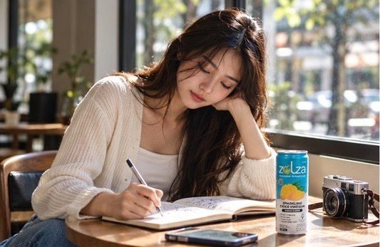 นั่งเขียนสมุดในคาเฟ่ มีโซลซ่าวางข้างตัว